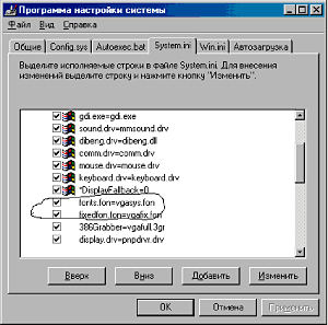 В этом окне редактора MSCONFIG в Windows 98, выделены настройки системных шрифтов по умолчанию.