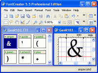 FontCreator содержит несколько окон. Когда Вы открываете шрифт, окно Glyph Overview показывает все доступные глифы. Глиф - графический элемент символа. Чтобы изменить символ, Вы должны редактировать глиф в окне Glyph Edit.