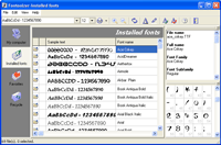 Fontonizer содержит несколько областей окна: "Установленные шрифты", "Информация о шрифте" и "Таблица символов"